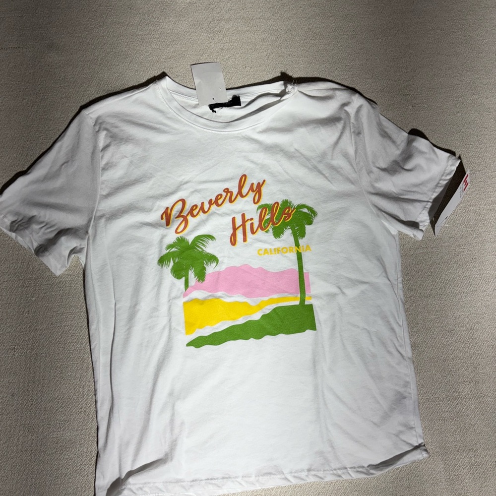 Studio M White Graphic Tee with Green and Yellow Accents